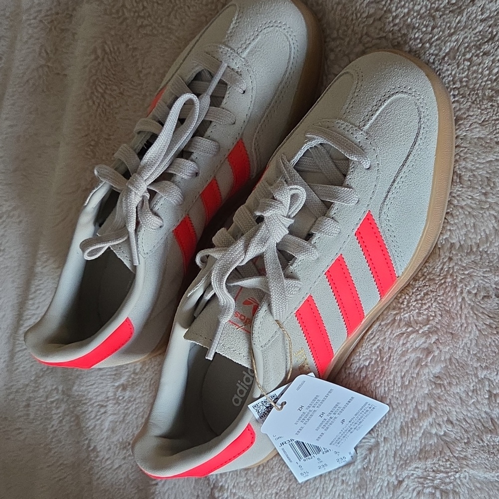 BNIB Adidas Indoor Gazelle Sneakers - Light Gray & Neon Red. Size 5.5 / EUR 38.